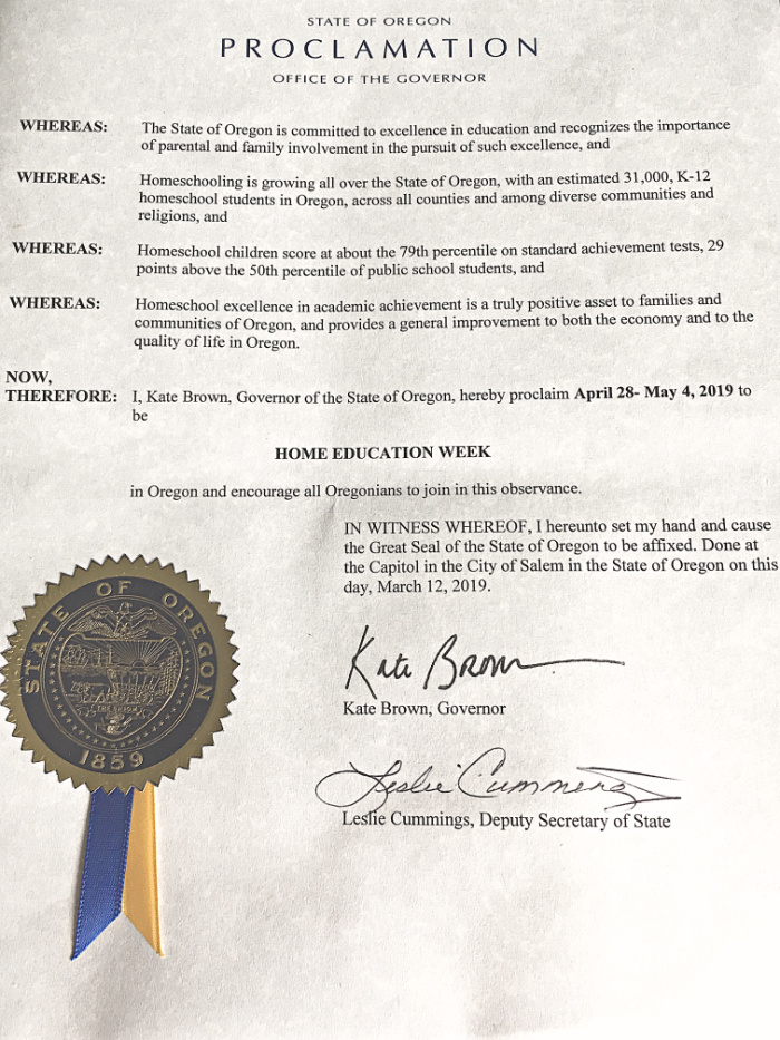 Home Education Week Oregon Governor Proclamation 2019